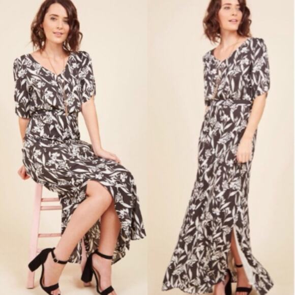 ModCloth Papier Film Festival Fete Short Sleeve Nature Print Maxi Dress Black 12 - Picture 1 of 15